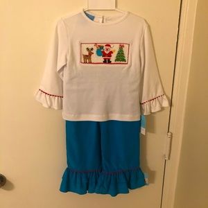 NWT girls 2T hand smocked Christmas top and pants.